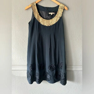 Nanette Lepore | silk | sequin | rosette | navy | gold | dress | size 4